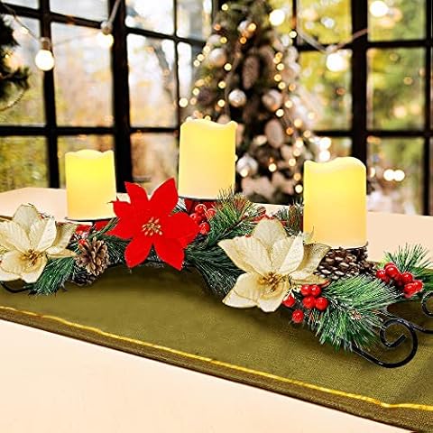 Hausse Christmas Poinsettia Centerpiece with 3 Flameless LED Candles, 26 Inch Large Candle Holders Advent Wreath, Xmas Tabletop Candleabrum for Home Holiday Party Table Mantel Decorations Cover