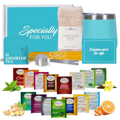 Tea Gifts for Women – Sampler Gift Basket with 15 Unique Blends, Honey Sticks, Stainless Tumbler, Cozy Socks & Gift-Ready Box (Cozy Socks -Teal)