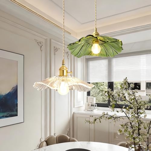 JOJOM E27 Feuille de lotus Verre Vintage nordique Luminaires Pendentif en forme de fleur verte Couleur transparente lustre Décoration intérieure Salon...