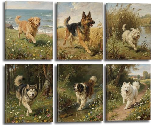 Toiles de chien mignon : kit de 6 décorations murales de qualité premium avec cadre inclus