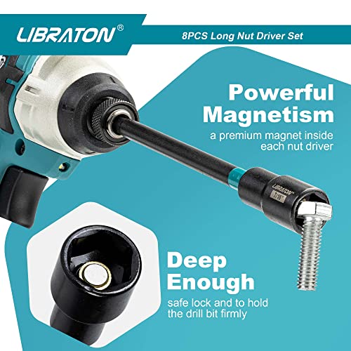Libraton 8Pcs Magnetic Nut Driver Set, Long Nut Drivers 6Inch, Sae Nut Drivers For Impact Drill, Long Shank Nut Driver Bits, 1/4"Hex Shank, Long Power Bits, Ph1, Ph2, With Storage Bag #TOP4