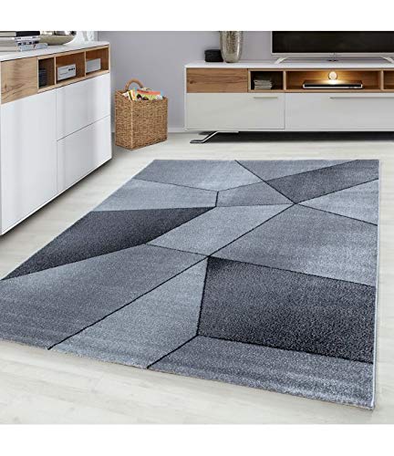 Tapis poils courts géométrique noir gris 200x290 cm pour masquer les imperfections du sol