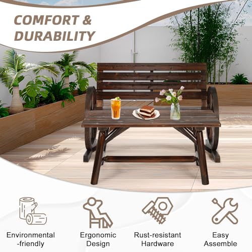 Image of 2-Piece Wooden Wagon Wheel Bench Set with Coffee Table, 2-Person Rustic Wood Garden Bench W /Wagon Wheel Armrests & Slatted Backrest, Outdoor Patio Loveseat Furniture Set for Lawn Yard Park