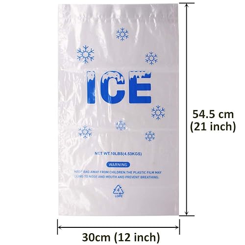 Vista 50 de Paquete de 100 bolsas de hielo de plástico con cordón de 20 libras, bolsas de hielo resistentes de 14 x 28 pulgadas con cuerda de plástico