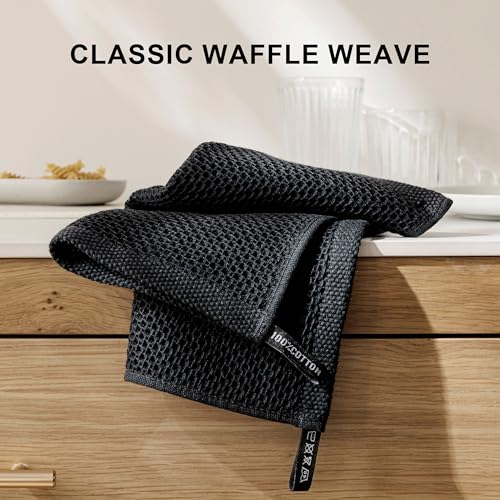 Image of 100% Cotton Kitchen Dish Cloths, 8-Pack Waffle Weave Ultra Soft Absorbent Dish Towels Washcloths Quick Drying Dish Rags, 12x12 Inches, Black