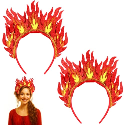 Thiccywoov 2 Pcs Fire Flame Headband Halloween Hair Accessories Glitter Felt Rave Hair Decoration for Cosplay Party Costumes(Glitter Flame)