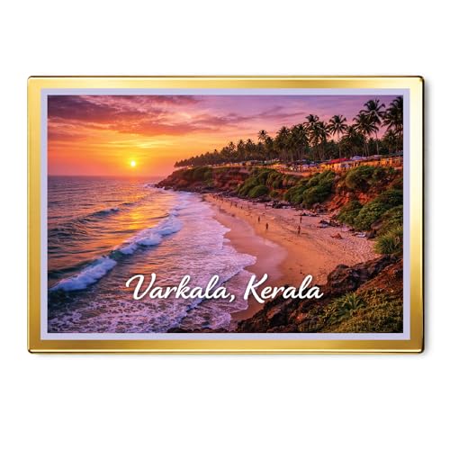 Image of Decorative Fridge Magnet with Glowing Border | Pack of 1 (Varkala, Kerala, 3x2 inch - Golden Border)