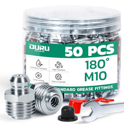 Image of OURU 50PCS M10 METRIC Grease Fittings Kit, Zerk Grease Fittings Straight with Grease Fitting Caps & Wrench Kit(10mm) for Grease Gun