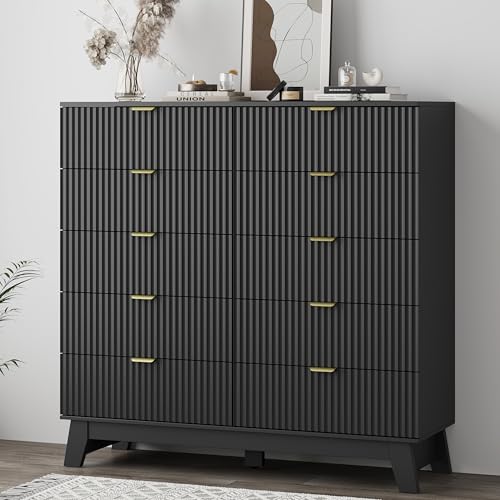 Image of Xixini Fluted Dresser for Bedroom with 10 Drawers, 48 inch Wide Modern Chest of Drawers with Metal Handle, Wooden Dresser TV Stand, Wood Closet Clothes Storage Organizer for Living Room, Hallway, Black