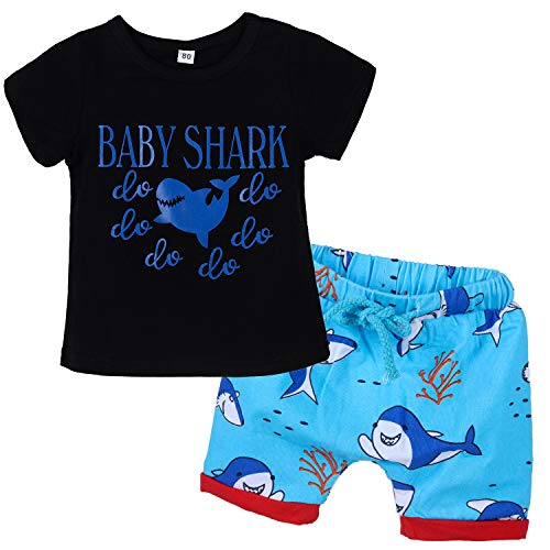 2Pcs Baby Boys Summer Clothes Sets, Cute Letters Print Tank Tops T-Shirt + Pants Shorts Outfits (Short Sleeves Shark Black 18-24months)