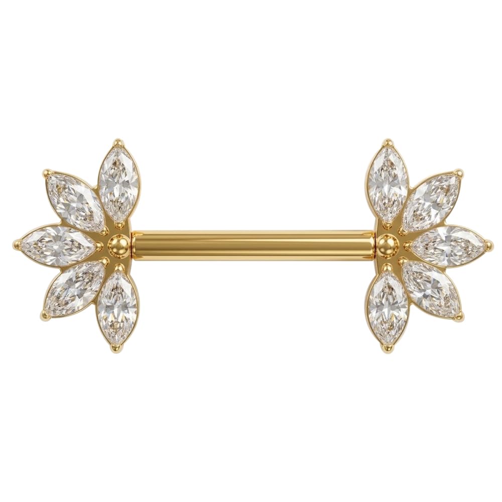 Brustwarzenpiercing aus Titan in Implantatqualität, fünf Maquis-Zirkonia, Blume, 14 Gauge