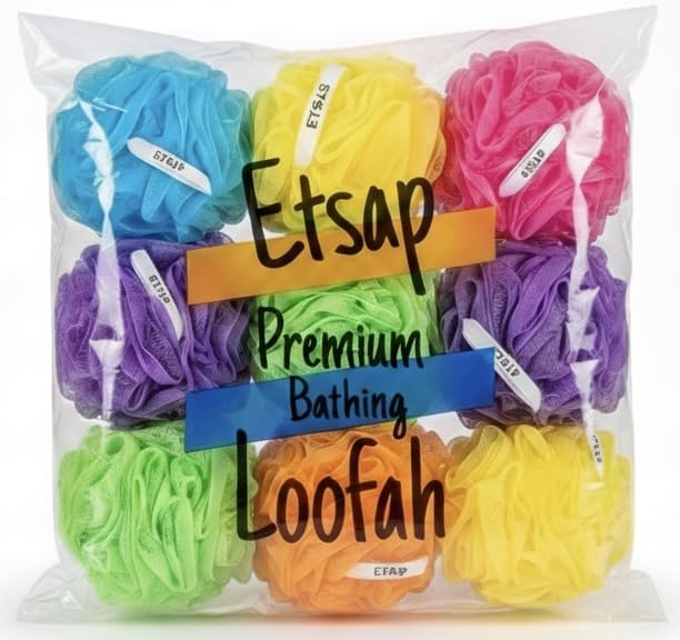 Image of Etsap Pack Of 09 Premium Bathing Round Loofah - Multicolor Shower Puffs for Gentle Exfoliation, Soft, Refreshing & Perfect for Men & Women