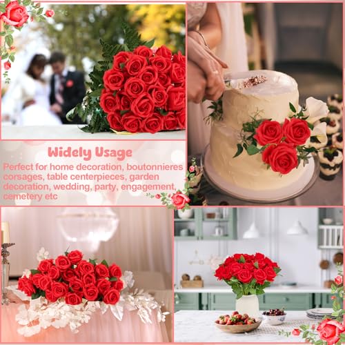 Ovveroche 24 Pcs Red Rose Artificial Flowers with Long Stem Real Touch Silk Plastic Bouquet Red Roses Bulk for Wedding Party Table Centerpieces Festival Decorations