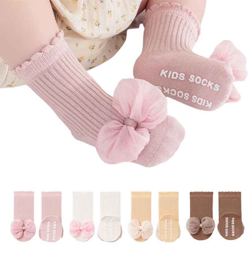 4Packs Baby Girls Socks Bow Non-Slip Grips for Babies Toddler Princess Middle Ankle Socks for Girls
