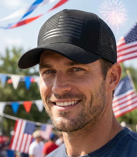 Image of American Flag Trucker Hat,USA Hat for Men Women Snapback Baseball Cap Adjustable Breathable Mesh Side Durable Hats