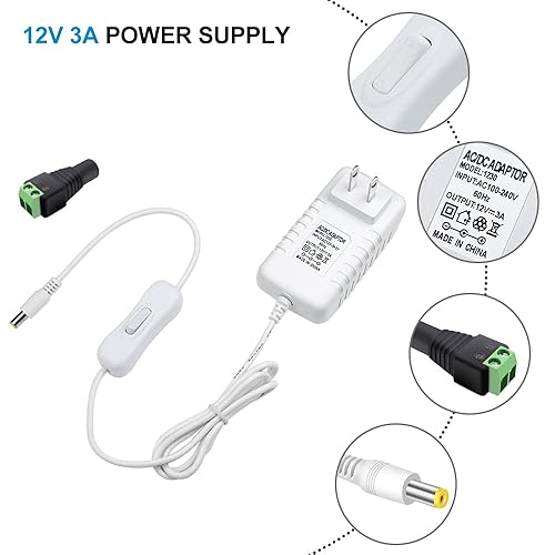Miniatura 5 de Fuente de alimentación de 12 V, fuente de alimentación de 12 voltios 3A 36 W CC con interruptor de encendido y apagado, adaptador de corriente LED