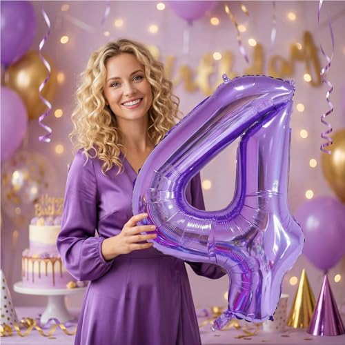 Image of Number Balloons for Birthday Decorations - 40 Inch Large Party Balloons 4, Purple Foil Number Balloons for Boys Girls, Balloons for Party Supplies