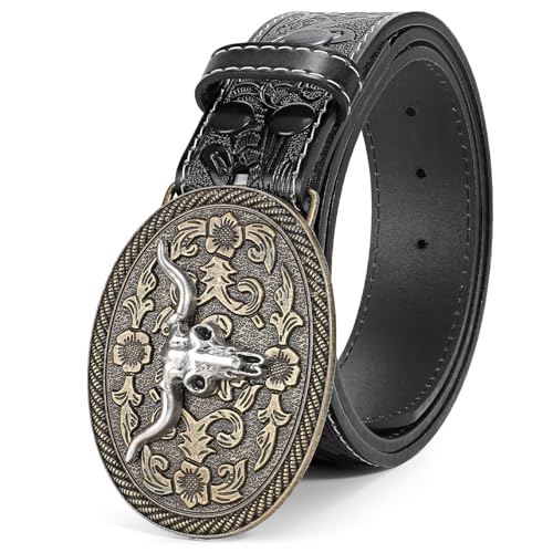 BELTROAD Western Leather Buckle Belt for Men Women Cowboy Cowgirl Leather Mens Engraved Belts for Jeans Birthday Christmas Belt Gifts