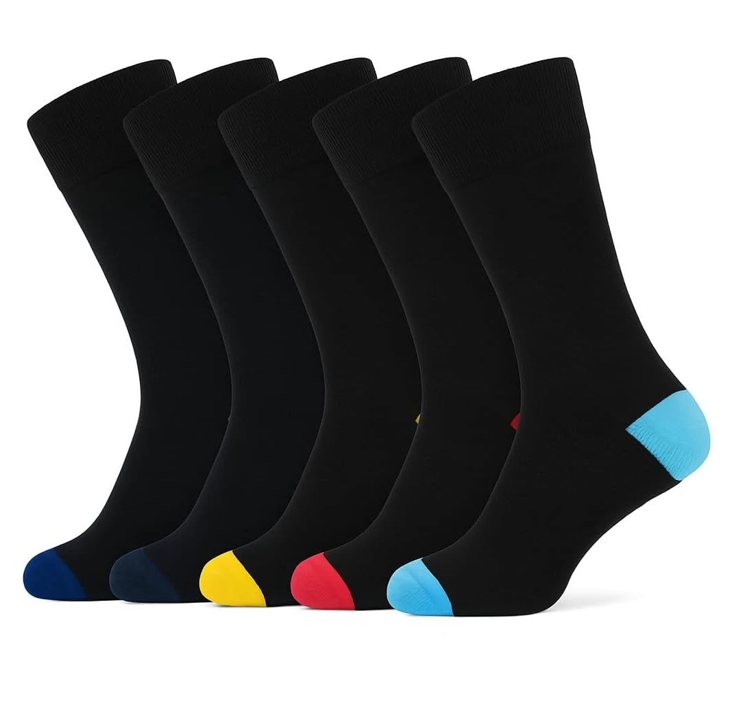 OnlyBee 5 Pairs of Men's Cotton Rich Dress Socks, Black with Coloured Heel and Toe UK Size 6-11