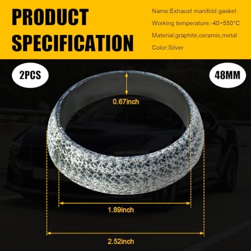 Image of 2PCS ID 48mm Car Exhaust Gasket, High Grade Graphite Flange Gasket Seal Muffler Ring for Piping Connection, Leakproof Manifold Exhaust Donut Gaskets Replacement for SUV Truck RV