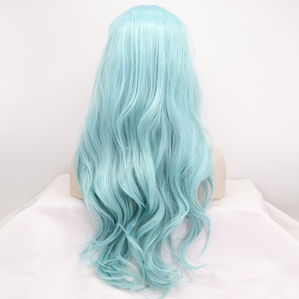 xiweiya Mixed Blue Green Lace Front Wig Natural Blue Long Body Wavy Synthetic Full Wig T Part Lace Middle Part Heat Resistant Fiber for Women 24inch… - Image 3