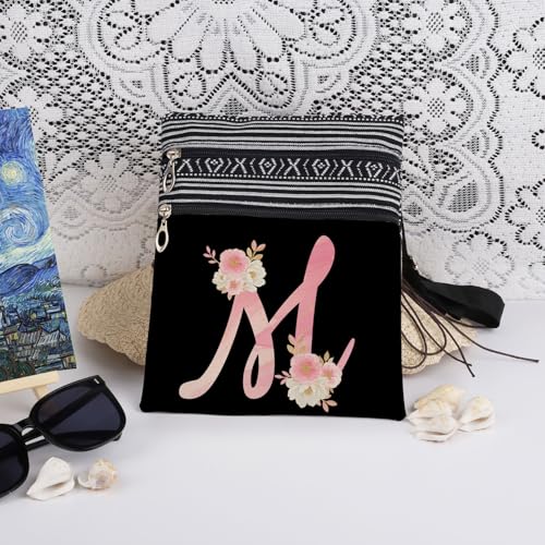 Pink Art Letter M Crossbody Bag Gilded Floral Print with M Letter Messenger Bag Daily Use Adjustable Strap Crossbody Purse Birthday Gift Valentine Present​​ for Adult Bridesmaid Gift3