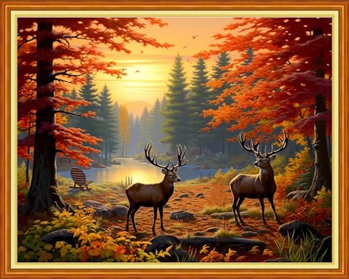 Image of Foxdiviy Stamped Cross Stitch Kits Full Range of Embroidery Needlework Starter Kits for Beginners Adults 11CT Embroidery Patterns Art Crafts DIY Needlepoint Kits-Late Autumn Elk 16x20 inch