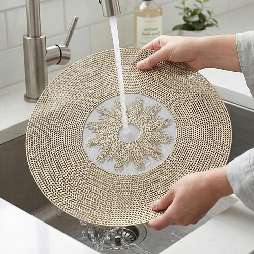 Image of Yellow Weaves 2 Pcs PVC Hollow Woven Design Table Placemat, Dining Table Mat, Anti-Skid, Washable, Dining, Kitchen, Restaurant Table Set Easy to Clean, Durable (Hollow Golden)