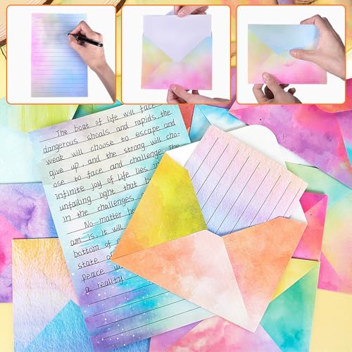 inodiref 160 Stück Briefpapier mit Umschlag Set 50 Briefpapier Mädchen 50 Briefumschläge Buntes Briefpapier Liniert Briefpapier Set mit 60 Sticker für Liebesbriefe Briefe Einladungen Grußkarten