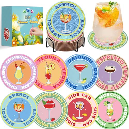 Cocktail Diamond Art Coasters Kits Cocktail Diamond Painting Coasters with Holder Set of 8 DIY Coaster Gem Art Crafts Supplies for Adults Beginners Cup Mat with Nice Gift Box for Home Decor 3.9 inch