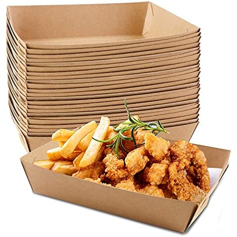 HAKACC 7"|18x13cm Kraft Paper Food Trays 50 Brown Cardboard Serving Plates Recycled Takeaway Boxes Disposable Containers Holder Baskets for Chips Burger BBQ Water Oil Proof Birthday Party Camping Cover