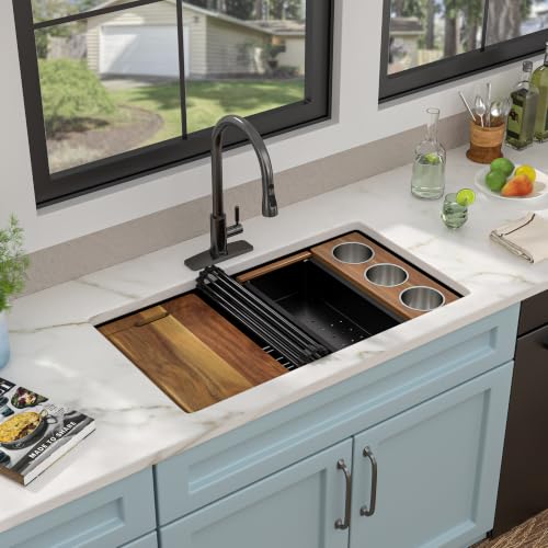 Image of 30 inch x 19 inch Undermount Matte Black Workstation Kitchen Sink | 16 Gauge T304 Stainless Steel Single Bowl Sink with Nano-PVD Finish, Integrated Ledge, R10 Rounded Corners, Under Counter