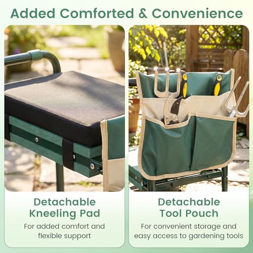 Image of 2-in-1 Garden Kneeler and Seat, Folding Garden Seat w /EVA Foam Kneeling Pad & Removable Tools Pouch, Sturdy Steel Frame, No Assembly, Portable Heavy Duty Garden Stool w /Detachable Armrests