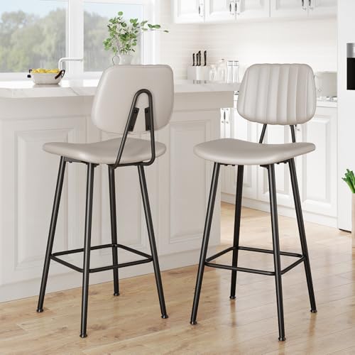 Image of Raynesys 29-Inch Leather Bar Stools Set of 2 with High Backrest, Beige