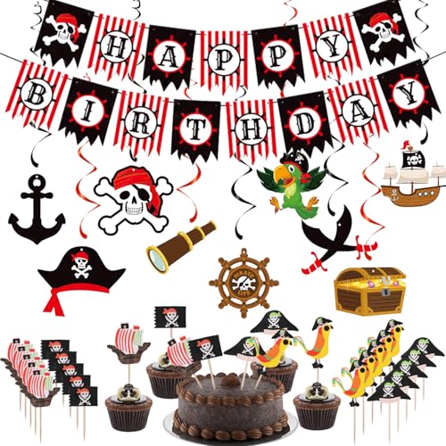 Fzyisw Lot de 57 décorations de gâteau pirate pour anniversaire d'enfant, fête de pirate, spirales décoratives pour garçons et filles