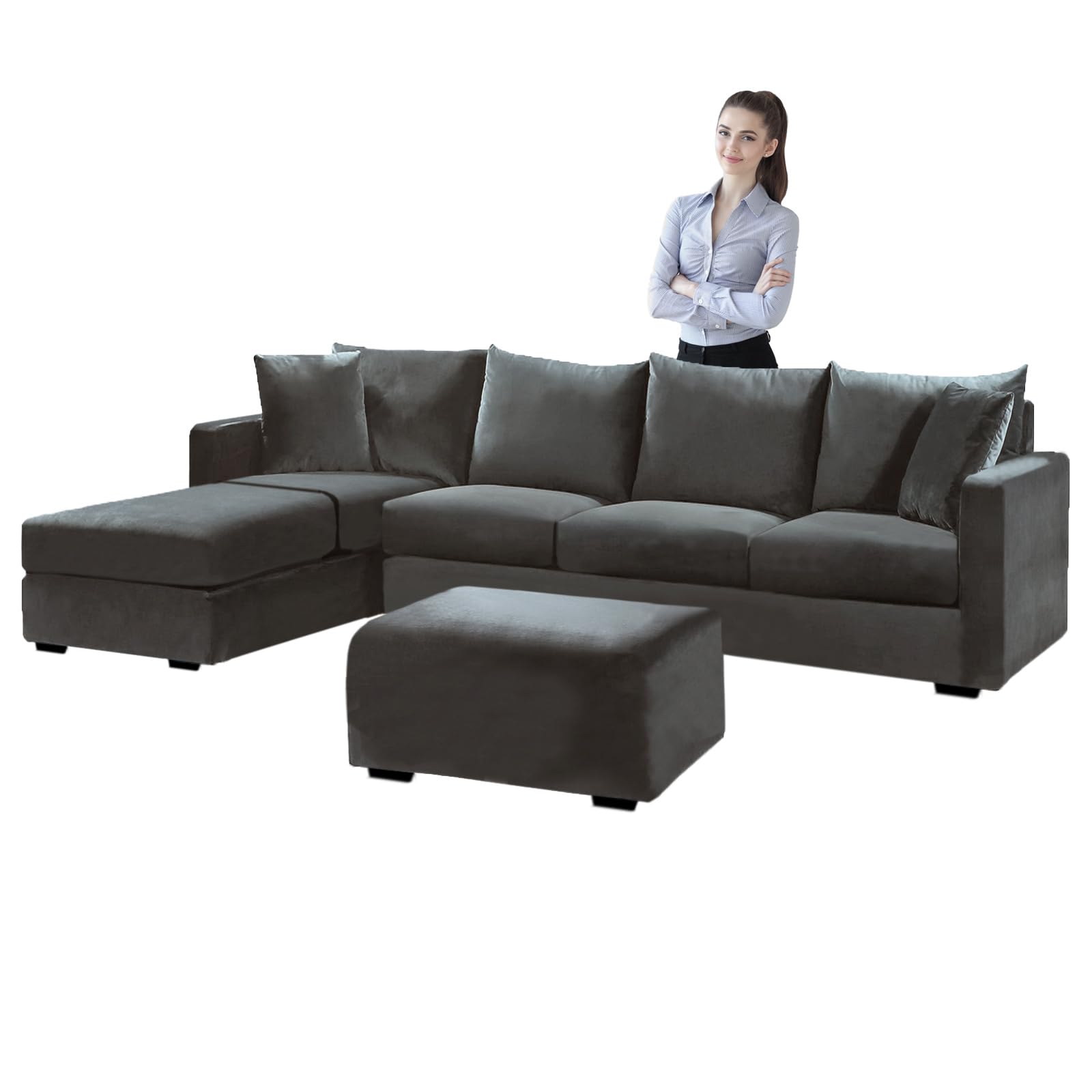 Velvet Sofa Covers L Shape, Stretch Corner Sofa Cover with Cushion Covers, Couch Cover Friheten Cover for U Sectional Sofa (Dark gray,Cushion Rectangular-L)