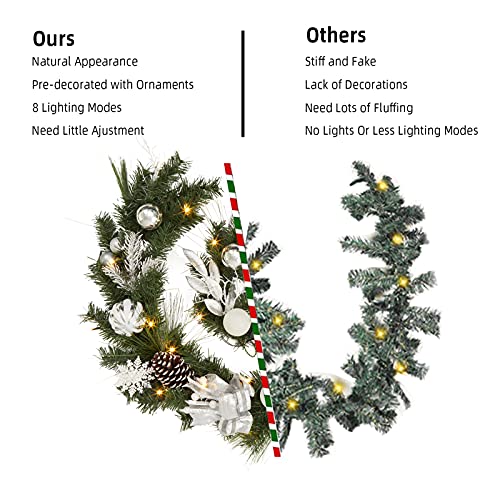 Fireplace Christmas Garland with Lights, 6 FT Lighted Battery Operated Christmas Garland with Sliver Ribbon Pine Cones Berries for Farmhouse Home Front Porch Banister Decorations