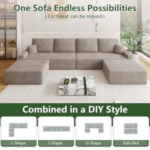 Image of Oversized Modular Sectional Sofa Couch, Large 6 Seater Corner Sofa Modern U Shaped Sectional Couch with Ottoman Cloud Couches for Living Room, Office, Spacious Space, Corduroy, No Assembly, Camel