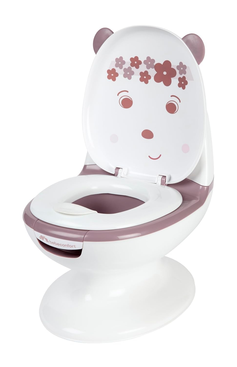 Bebeconfort Minitoilette, Töpfchen Baby, 1–3 Jahre, 0–20 kg, Lebensechtes Design mit Spritzschutz, Echtes Spülgeräusch, Abnehmbare Schüssel, Leicht zu Reinigen, Gummifuß, Bär Lavendel