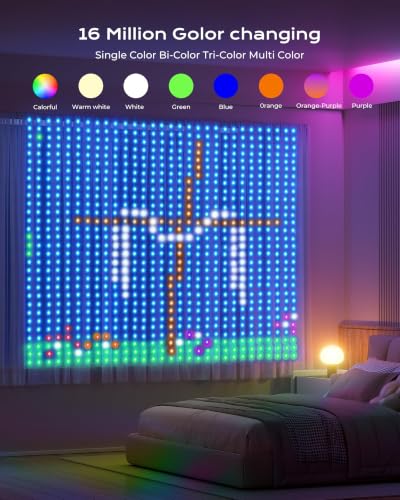 Image of Brightown 540 LED RGB Smart Curtain Fairy Lights with Remote, 4.9x6.6ft | Color Changing Christmas String Lights with 8 Modes & Timer, IP65 Waterproof Curtain Lights for Bedroom Window Party Holiday