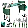 MENOLY Garden Kneeler and Seat, Folding Stool with Kneeling Pad, Bench with 6 Garden Tools, Tool Pouches, Glove, Detachable Belt – Gardening Gift for Women, Men, Mom, Parents, Elders