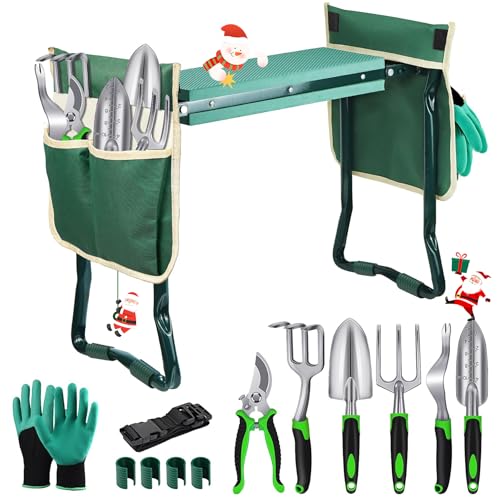 MENOLY Garden Kneeler and Seat, Folding Stool with Kneeling Pad, Bench with 6 Garden Tools, Tool Pouches, Glove, Detachable Belt – Gardening Gift for Women, Men, Mom, Parents, Elders