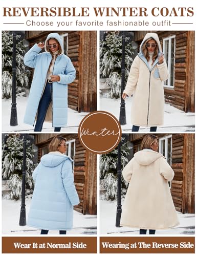 Vancavoo Wintermantel Damen Lang Winterjacke Warm Gefüttert Winterparka Winter Jacke Mantel Parka Steppmantel Daunenmantel mit Kapuze,Blau,XL
