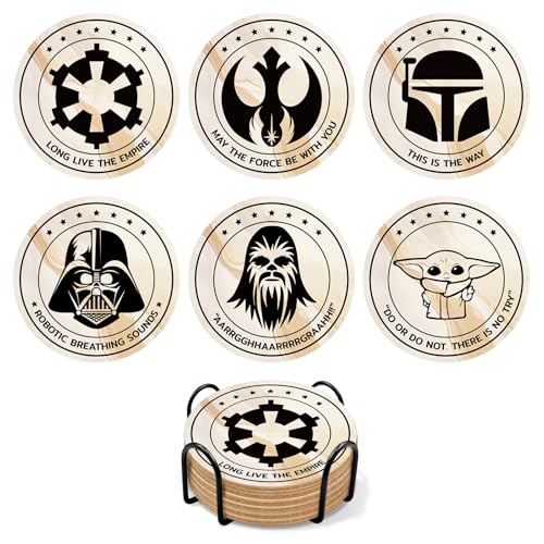 6 PCS Wars Cork Coasters for Drinks Cork Coasters for Drinks with Coaster Holder Funny Kitchen Decor Suitable for Coffee Table and Bar Wars Themed Gifts for Fans