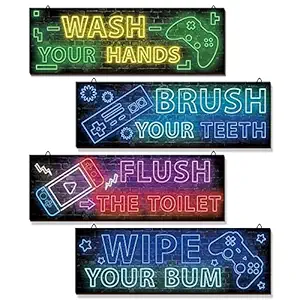 YLOLUL 4 Pcs Neon Gaming Decor for Boys Room Wooden Video Game Wall Art Print Funny Words Gamer Hanging Plaques Wall Decor for Boys Kids Room Bedroom Playroom Decorations