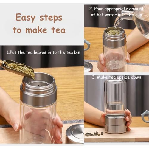 Image of Wosta Leakproof Glass Water Bottle with Stainless Steel Infuser Glass Tea Infuser Bottle with Strainer and Neoprene Sleeve for Loose Leaf Tea, Cold Brew Coffee. (O - STEEL, 300ML)
