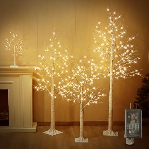 Zcdl Prelit Artificial Tree Set of 4 - Birch Tree with LED Lights, 2FT 4FT 5FT 6FT White, Outdoor Indoor Christmas Decor