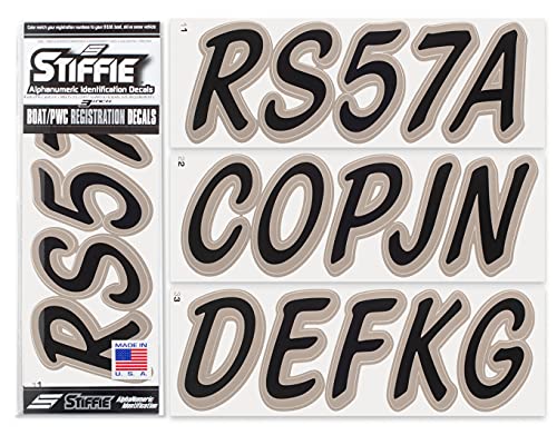 Image of STIFFIE Whipline Solid Black /Pewter 3 inch Alpha-Numeric Registration Identification Numbers Stickers Decals for Boats & Personal Watercraft