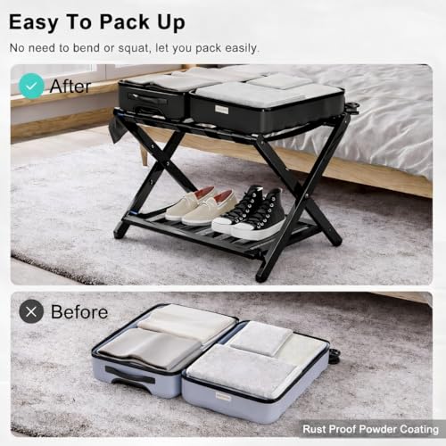Image of Folding Luggage Rack for Guest Room Foldable luggage Racks for Suitcase Stand with Nylon Straps, Luggage Stand Double Tiers Metal Luggage Holder with Shelf for Bedroom, Hotel, No Assembly Required (Metal black powder coating)