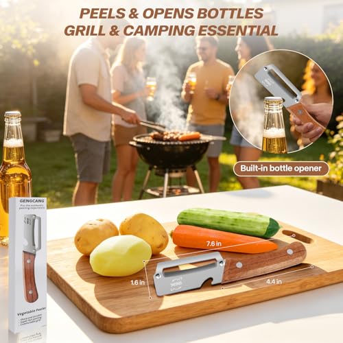 Image of MultiFunctional Vegetable Peeler, Non-Slip Wooden Handle with Sharp Stainless Steel Blade, Built-in Bottle Opener - Perfect Kitchen Peeler For Veggie, Fruit, Potato, Carrot, Apple